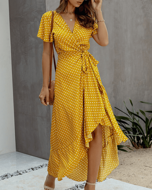 Women Maxi Dress Floral Print Wrap V - Neck Ruffle Sleeve - Evergreen Outfits - Women Maxi Dress