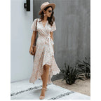 Women Maxi Dress Floral Print Wrap V - Neck Ruffle Sleeve - Evergreen Outfits - Women Maxi Dress