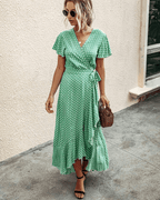 Women Maxi Dress Floral Print Wrap V - Neck Ruffle Sleeve - Evergreen Outfits - Women Maxi Dress