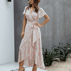Women Maxi Dress Floral Print Wrap V - Neck Ruffle Sleeve - Evergreen Outfits - Women Maxi Dress