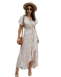 Women Maxi Dress Floral Print Wrap V - Neck Ruffle Sleeve - Evergreen Outfits - Women Maxi Dress