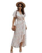 Women Maxi Dress Floral Print Wrap V - Neck Ruffle Sleeve - Evergreen Outfits - Women Maxi Dress