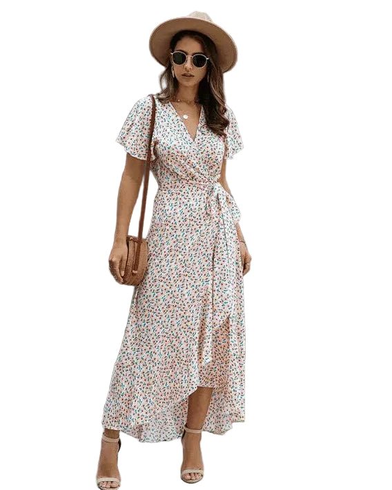 Women Maxi Dress Floral Print Wrap V - Neck Ruffle Sleeve - Evergreen Outfits - Women Maxi Dress