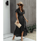 Women Maxi Dress Floral Print Wrap V - Neck Ruffle Sleeve - Evergreen Outfits - Women Maxi Dress