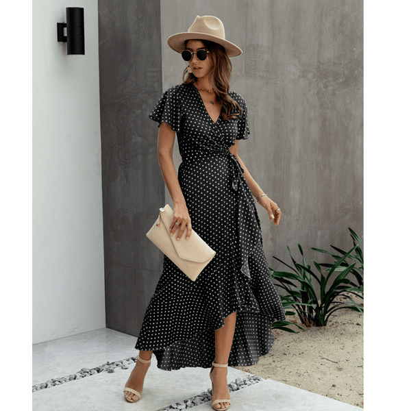 Women Maxi Dress Floral Print Wrap V - Neck Ruffle Sleeve - Evergreen Outfits - Women Maxi Dress