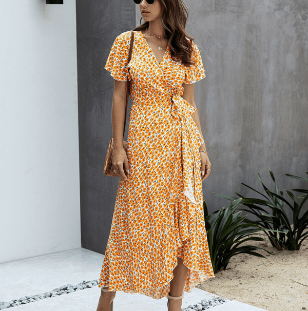 Women Maxi Dress Floral Print Wrap V - Neck Ruffle Sleeve - Evergreen Outfits - Women Maxi Dress