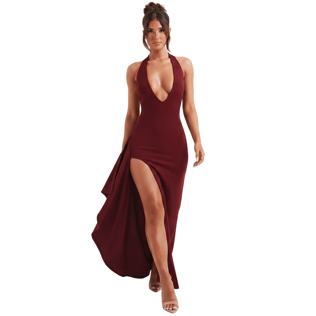 Women's Halter Neck Bodycon Maxi Dress Open Back Split – Evergreen Outfits Red / S