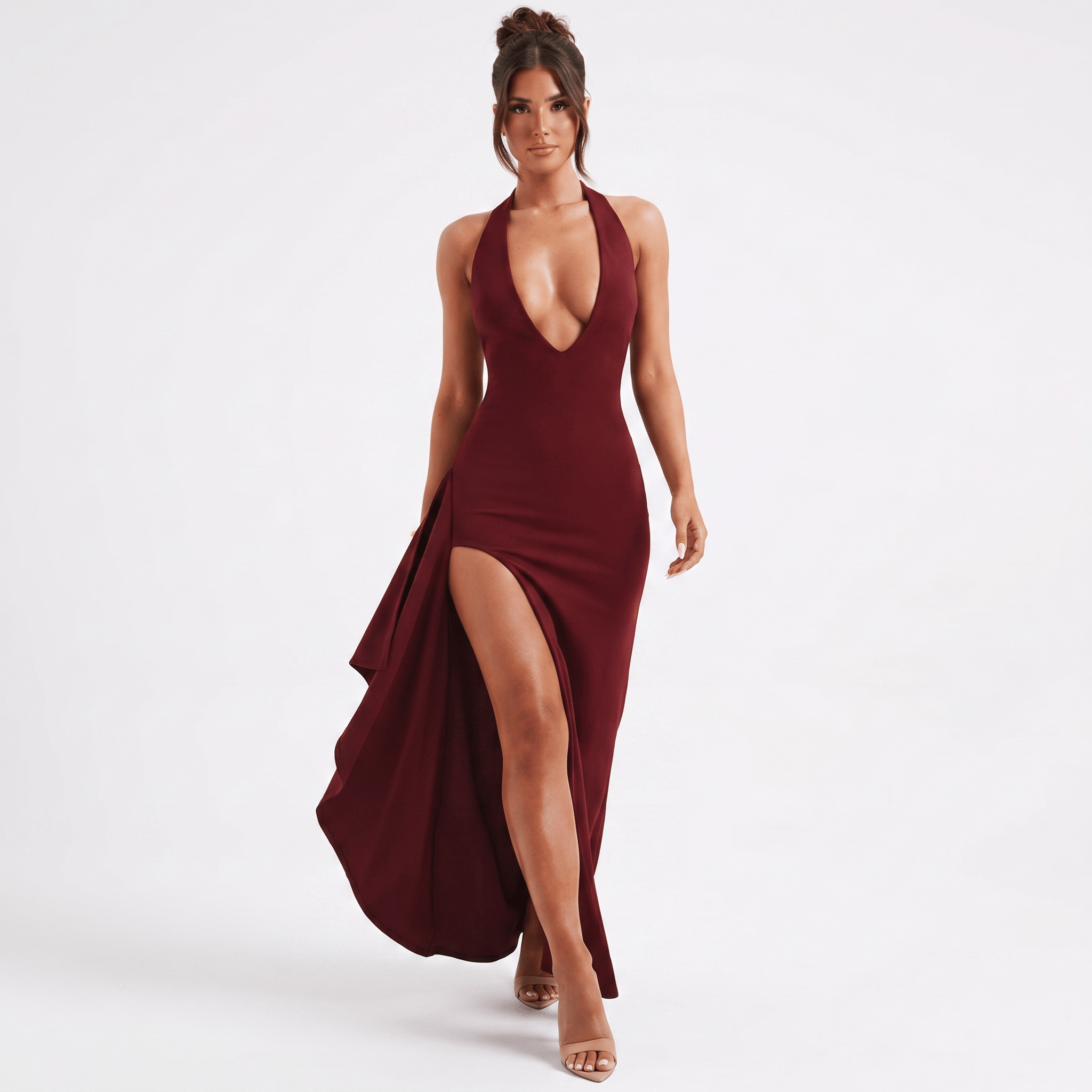 Women's Halter Neck Bodycon Maxi Dress Open Back Split  Evergreen Outfits Black / L