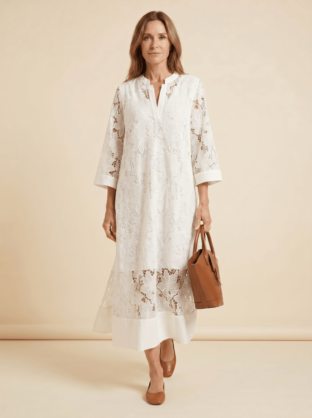Women Maxi Dress Lace Floral Embroidery High Collar - Evergreen Outfits - Women Maxi Dress