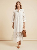 Women Maxi Dress Lace Floral Embroidery High Collar - Evergreen Outfits - Women Maxi Dress