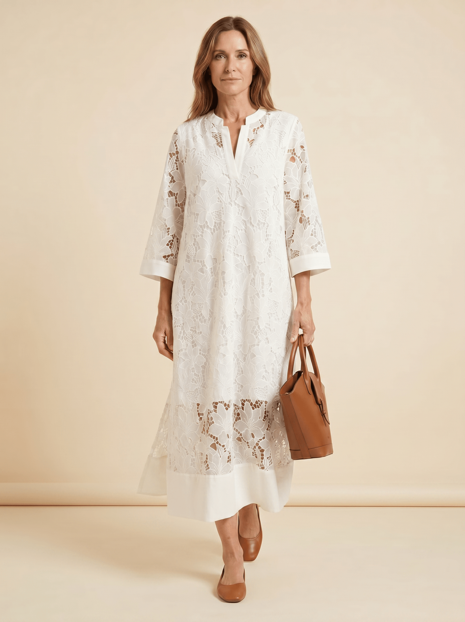 Women Maxi Dress Lace Floral Embroidery High Collar - Evergreen Outfits - Women Maxi Dress
