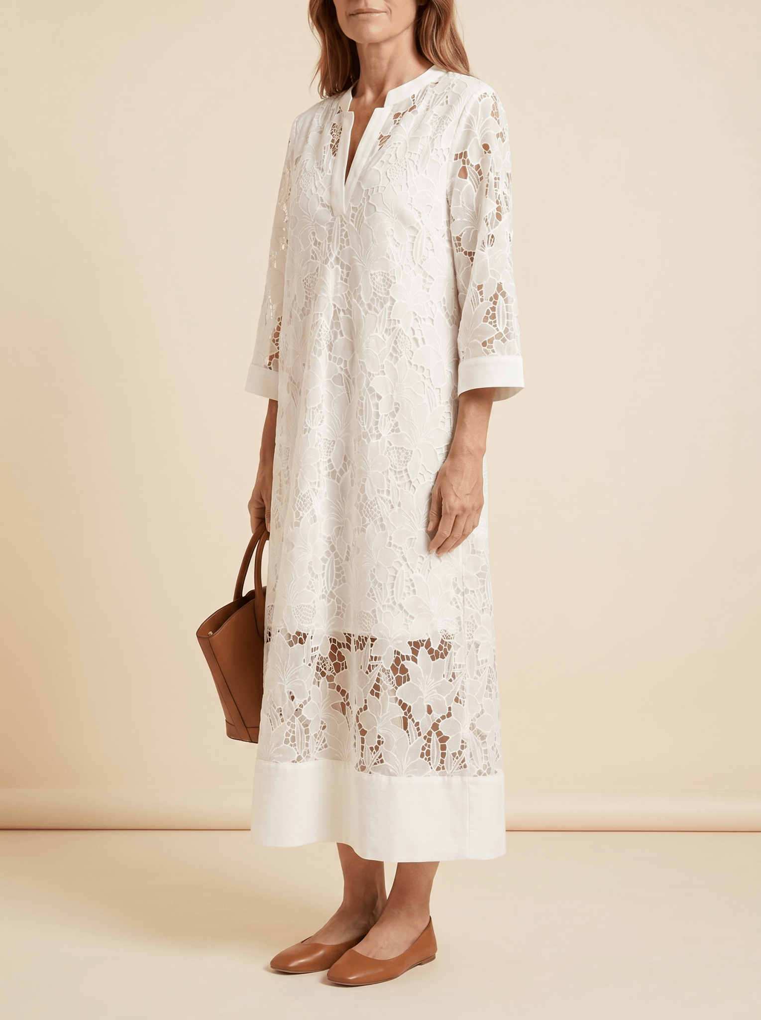 Women Maxi Dress Lace Floral Embroidery High Collar - Evergreen Outfits - Women Maxi Dress