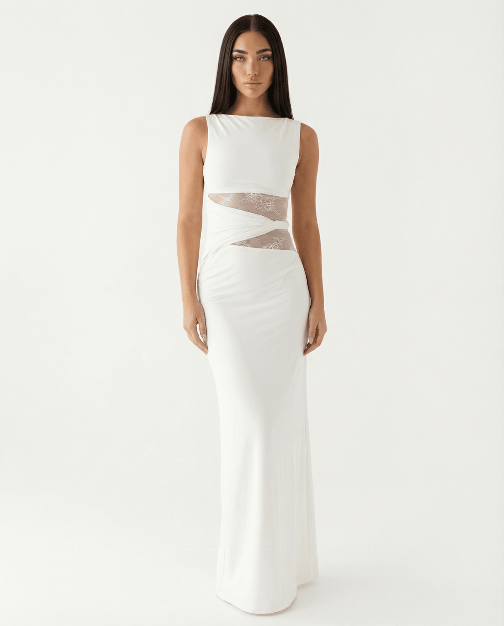 Women Maxi Dress Lace Sheer Cutout Bodycon Panel - Evergreen Outfits - Women Maxi Dress