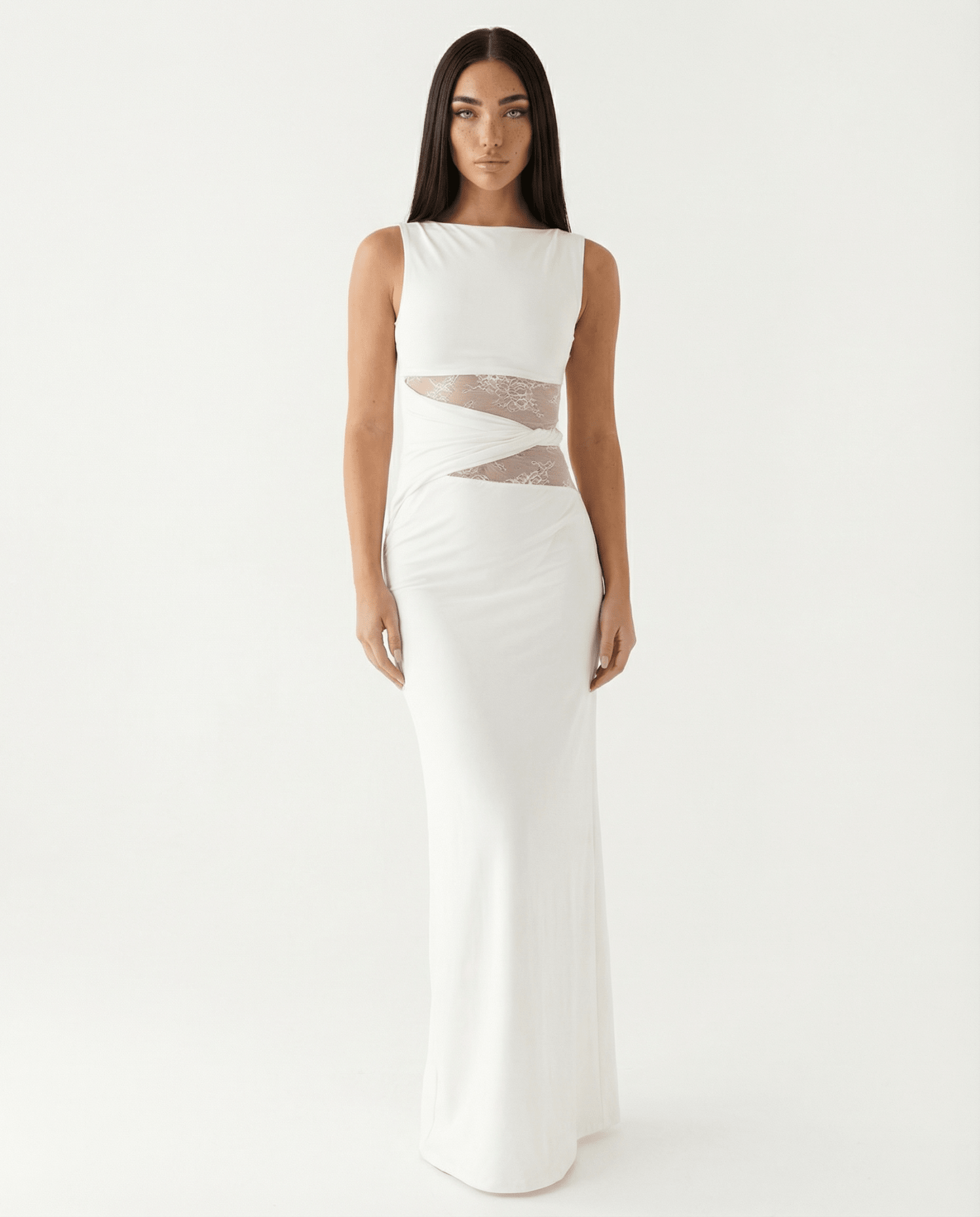 Women Maxi Dress Lace Sheer Cutout Bodycon Panel - Evergreen Outfits - Women Maxi Dress