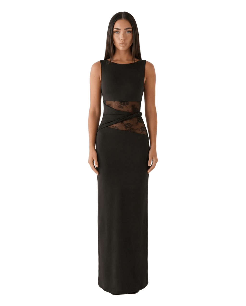 Women Maxi Dress Lace Sheer Cutout Bodycon Panel - Evergreen Outfits - Women Maxi Dress