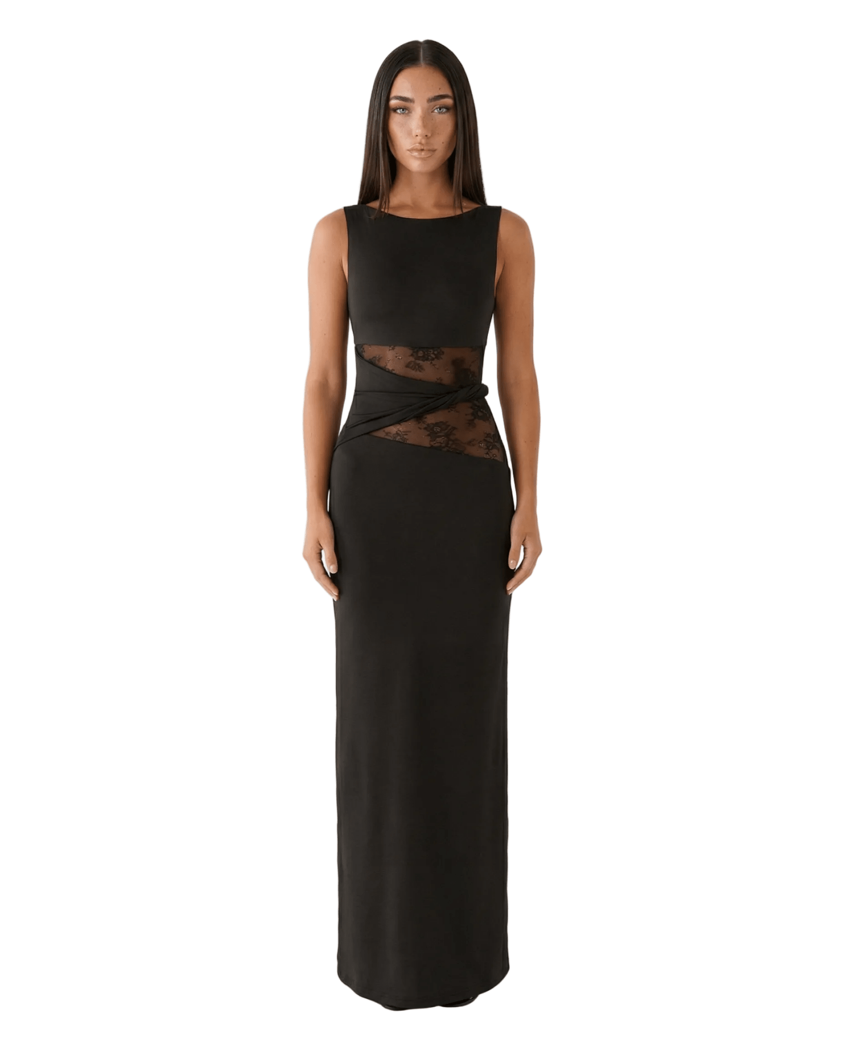 Women Maxi Dress Lace Sheer Cutout Bodycon Panel - Evergreen Outfits - Women Maxi Dress