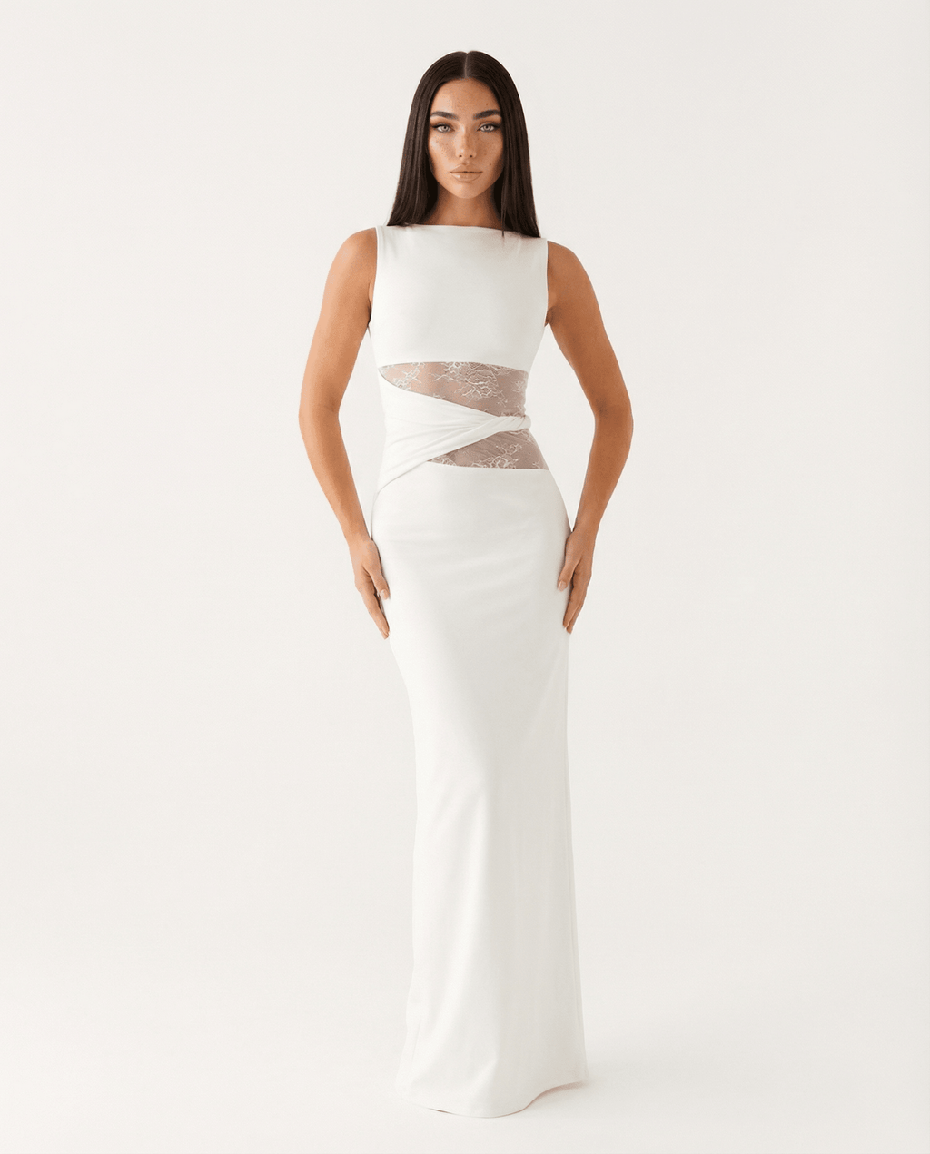 Women Maxi Dress Lace Sheer Cutout Bodycon Panel - Evergreen Outfits - Women Maxi Dress