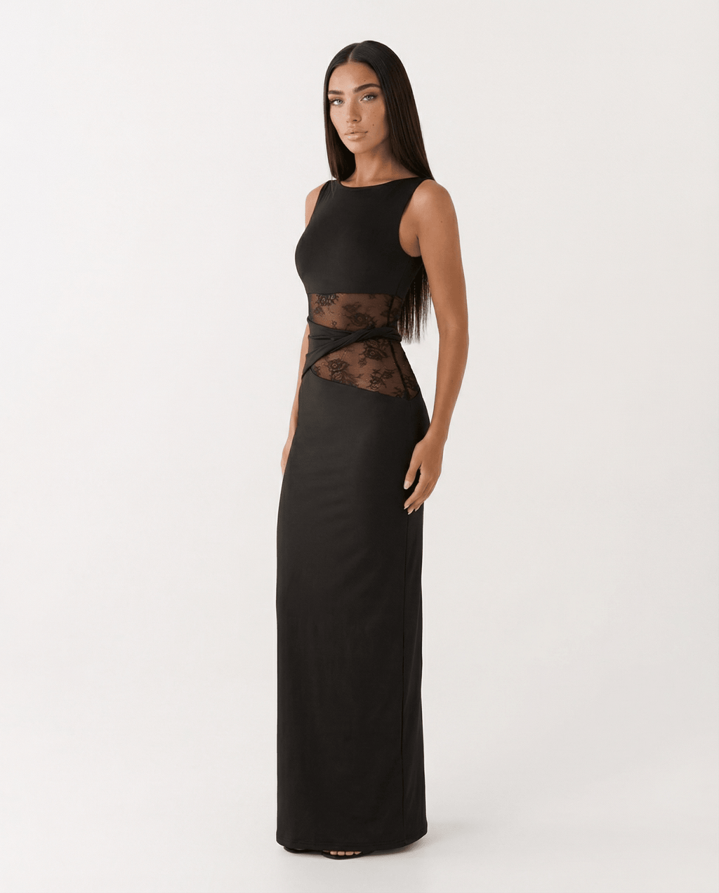 Women Maxi Dress Lace Sheer Cutout Bodycon Panel - Evergreen Outfits - Women Maxi Dress