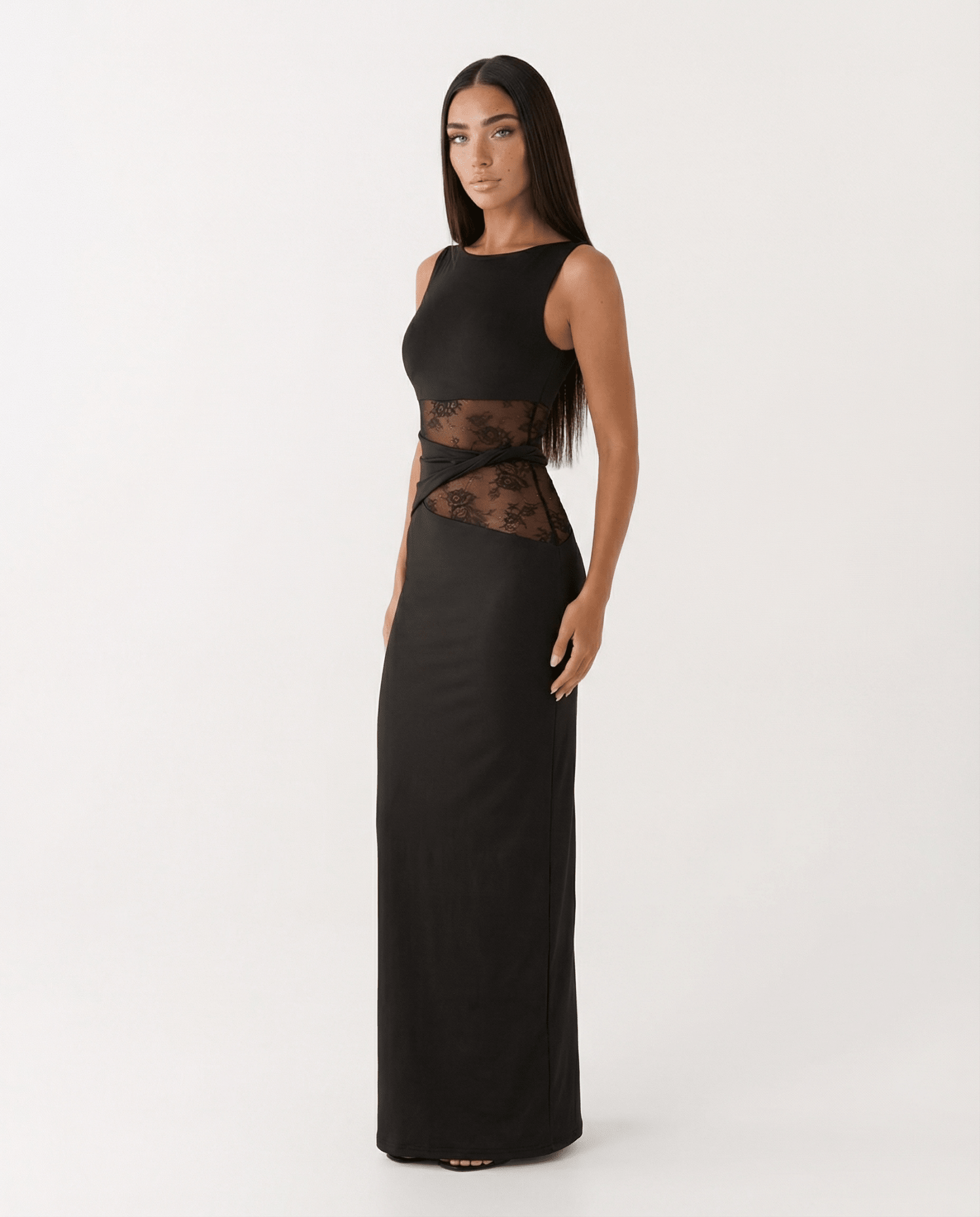 Women Maxi Dress Lace Sheer Cutout Bodycon Panel - Evergreen Outfits - Women Maxi Dress