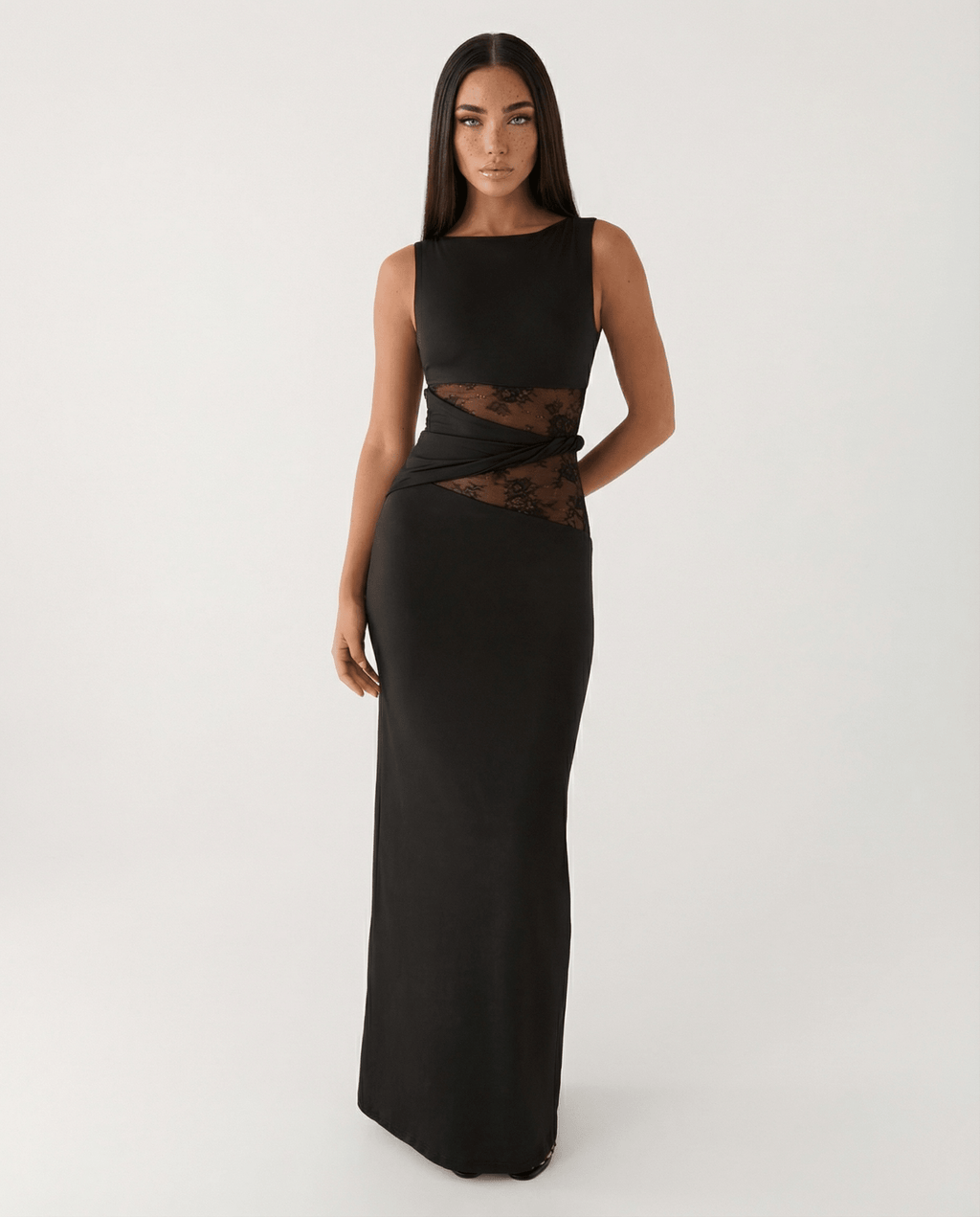 Women Maxi Dress Lace Sheer Cutout Bodycon Panel - Evergreen Outfits - Women Maxi Dress