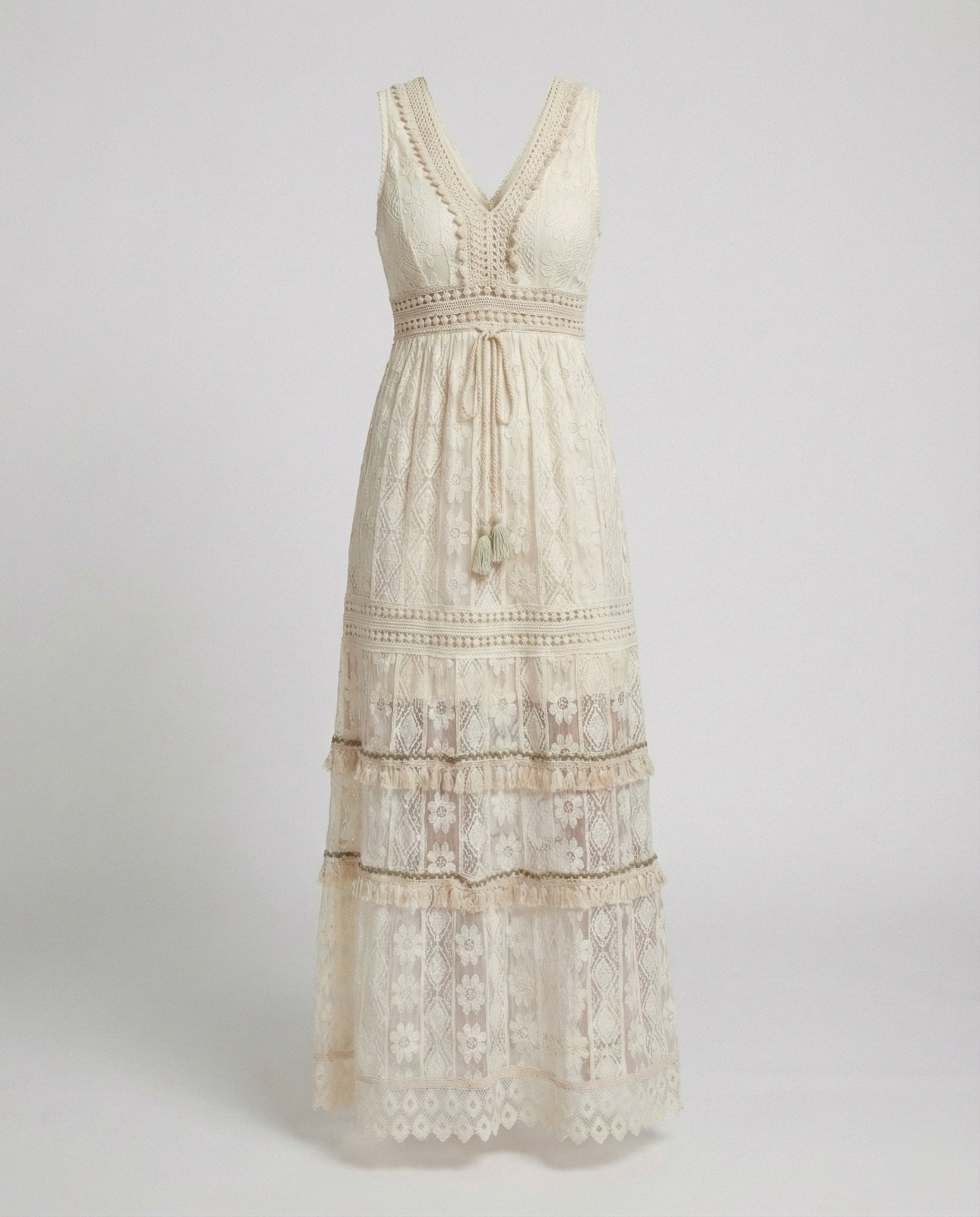 Women Maxi Dress Lace Sleeveless V Neck Embroidered Fit - Evergreen Outfits - Women Mini Dress