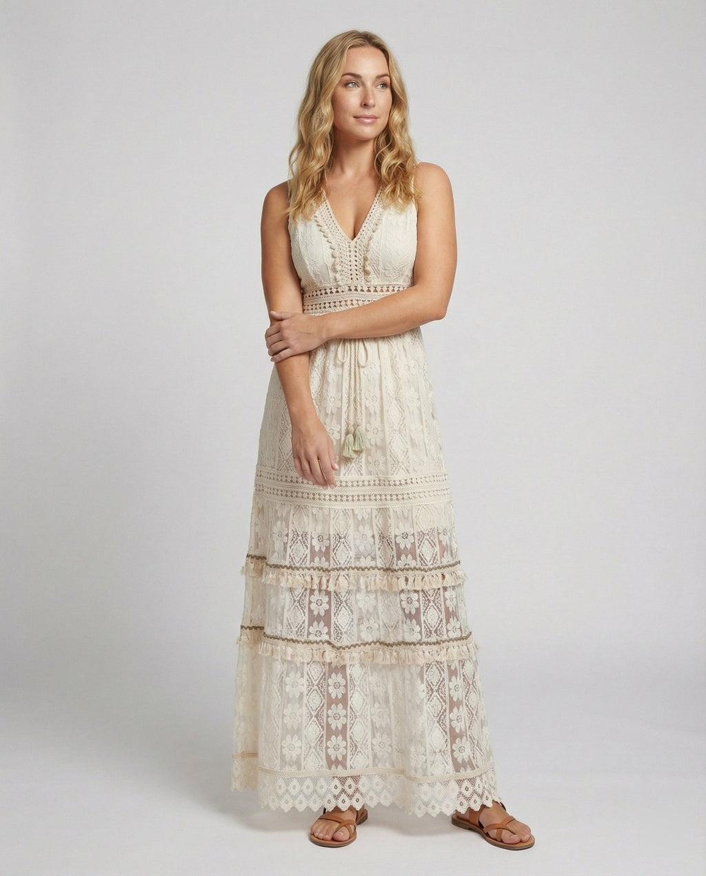 Women Maxi Dress Lace Sleeveless V Neck Embroidered Fit - Evergreen Outfits - Women Mini Dress