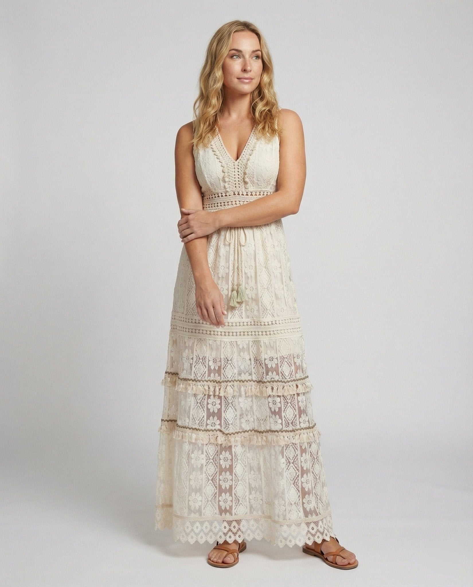 Women Maxi Dress Lace Sleeveless V Neck Embroidered Fit - Evergreen Outfits - Women Mini Dress