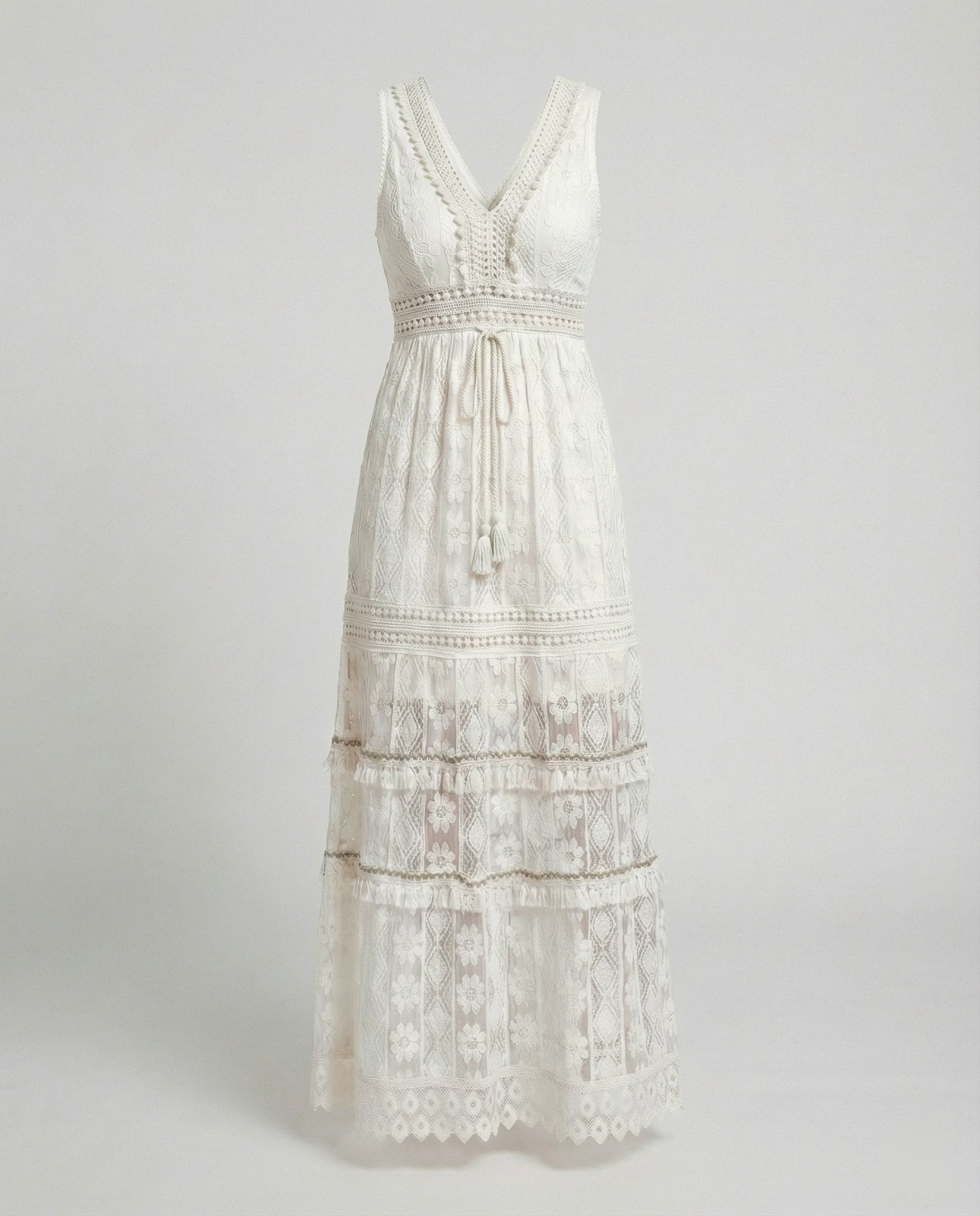 Women Maxi Dress Lace Sleeveless V Neck Embroidered Fit - Evergreen Outfits - Women Mini Dress