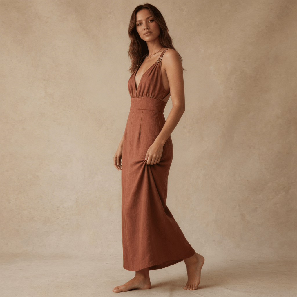 Women Maxi Dress Linen Sleeveless Deep V Neckline - Evergreen Outfits - Women Maxi Dress