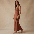 Women Maxi Dress Linen Sleeveless Deep V Neckline - Evergreen Outfits - Women Maxi Dress