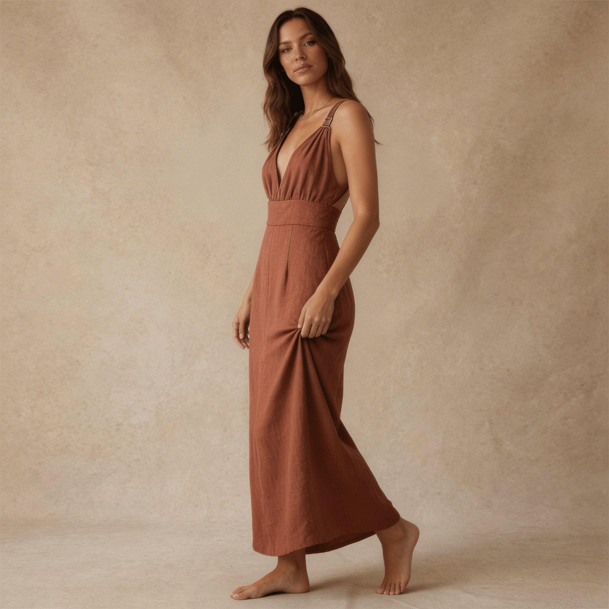 Women Maxi Dress Linen Sleeveless Deep V Neckline - Evergreen Outfits - Women Maxi Dress