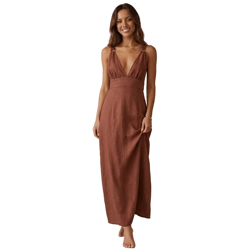Women Maxi Dress Linen Sleeveless Deep V Neckline - Evergreen Outfits - Women Maxi Dress