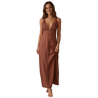 Women Maxi Dress Linen Sleeveless Deep V Neckline - Evergreen Outfits - Women Maxi Dress