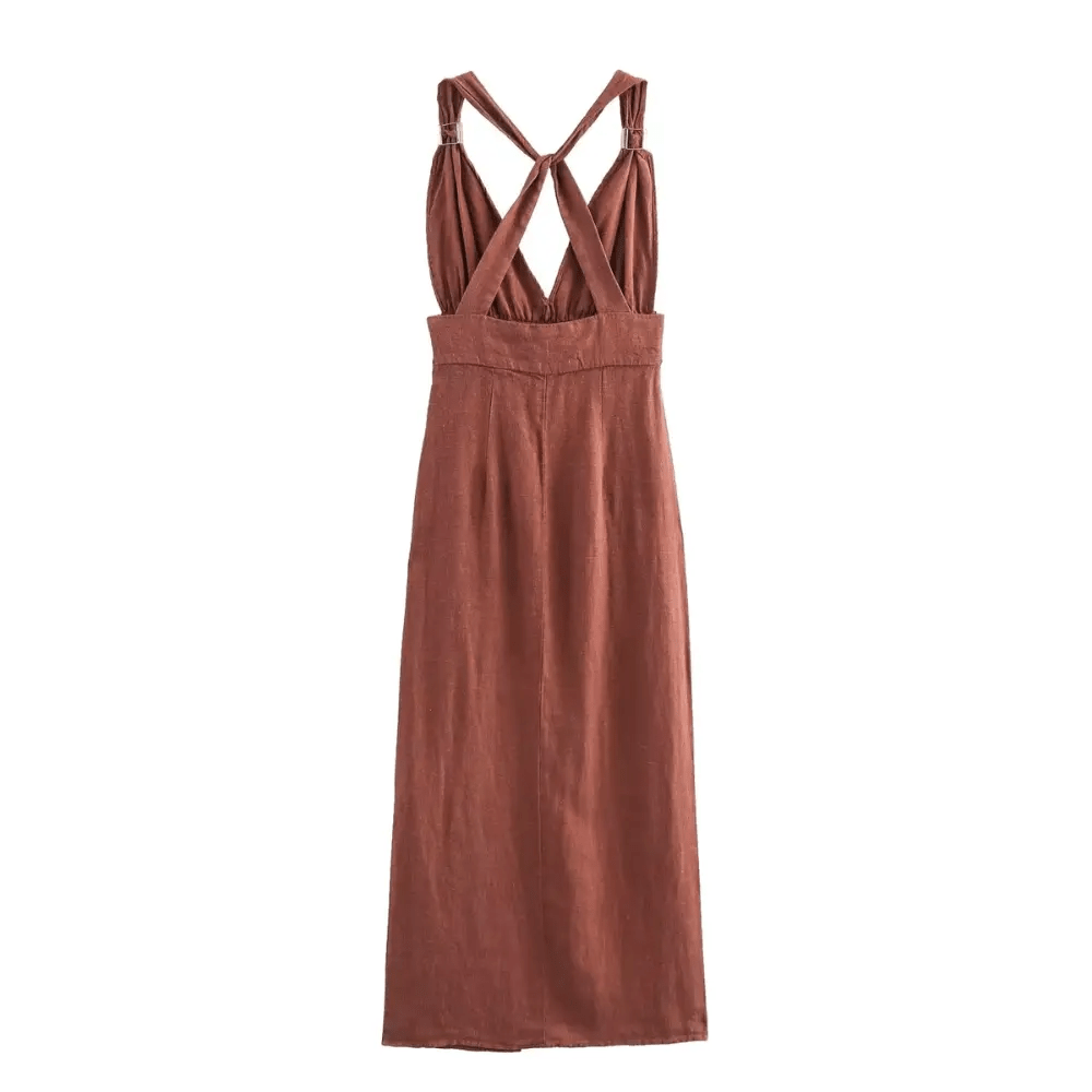 Women Maxi Dress Linen Sleeveless Deep V Neckline - Evergreen Outfits - Women Maxi Dress