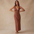 Women Maxi Dress Linen Sleeveless Deep V Neckline - Evergreen Outfits - Women Maxi Dress