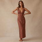 Women Maxi Dress Linen Sleeveless Deep V Neckline - Evergreen Outfits - Women Maxi Dress