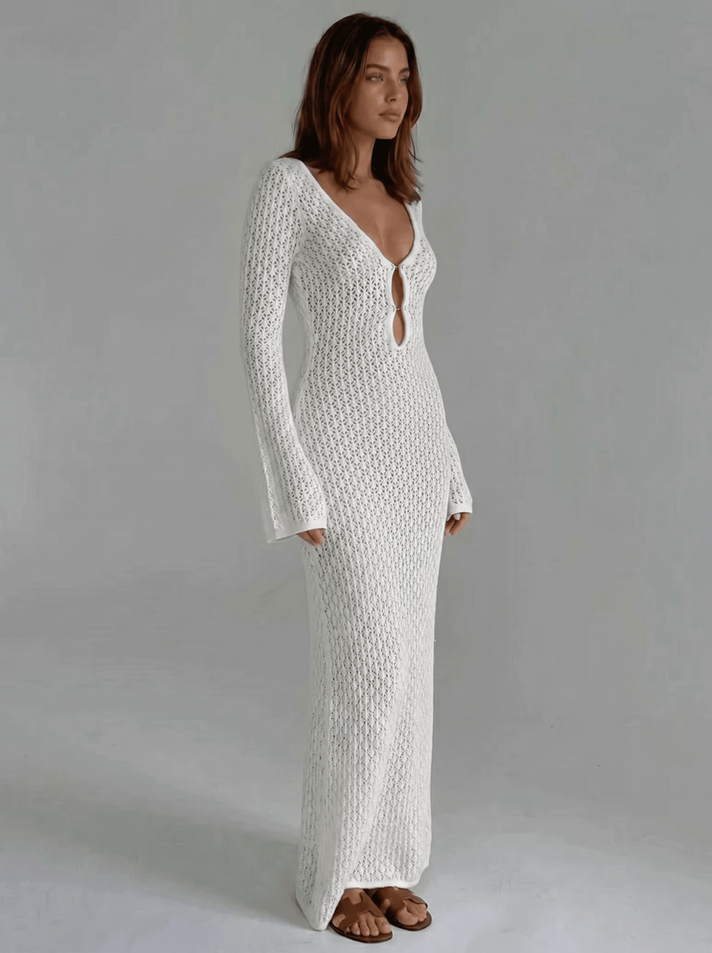Women Maxi Dress Long Sleeve Keyhole Neckline Design - Evergreen Outfits - Women Maxi Dress