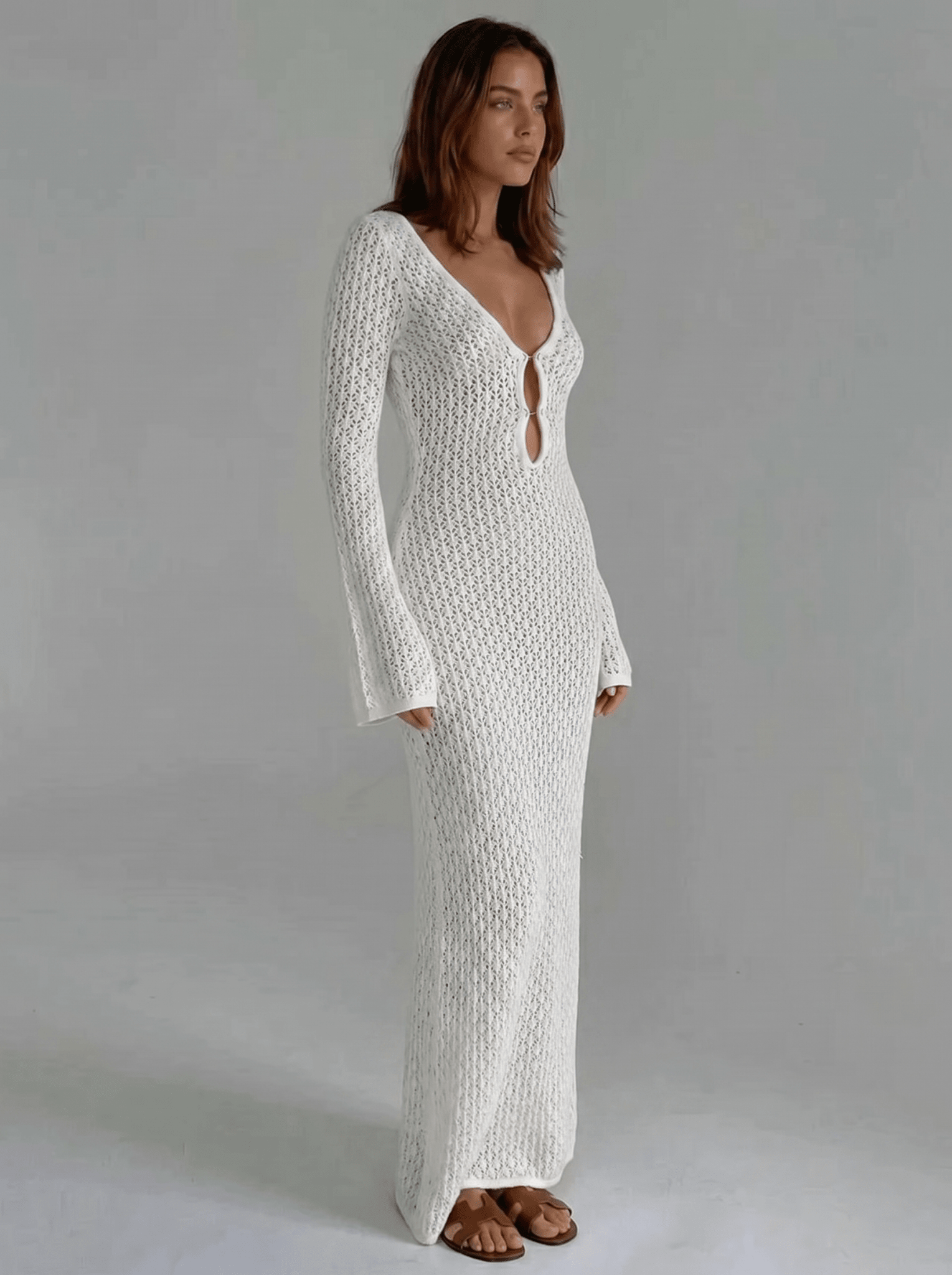 Women Maxi Dress Long Sleeve Keyhole Neckline Design - Evergreen Outfits - Women Maxi Dress