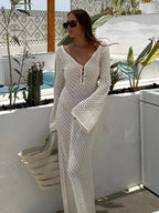 Women Maxi Dress Long Sleeve Keyhole Neckline Design - Evergreen Outfits - Women Maxi Dress