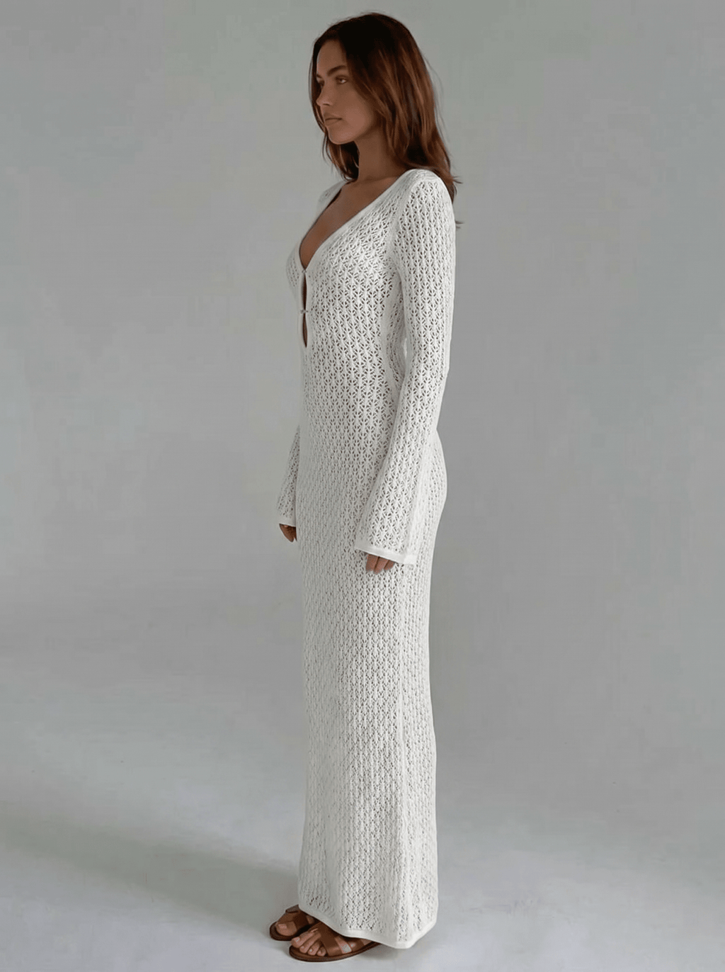 Women Maxi Dress Long Sleeve Keyhole Neckline Design - Evergreen Outfits - Women Maxi Dress