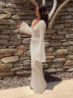 Women Maxi Dress Long Sleeve Keyhole Neckline Design - Evergreen Outfits - Women Maxi Dress