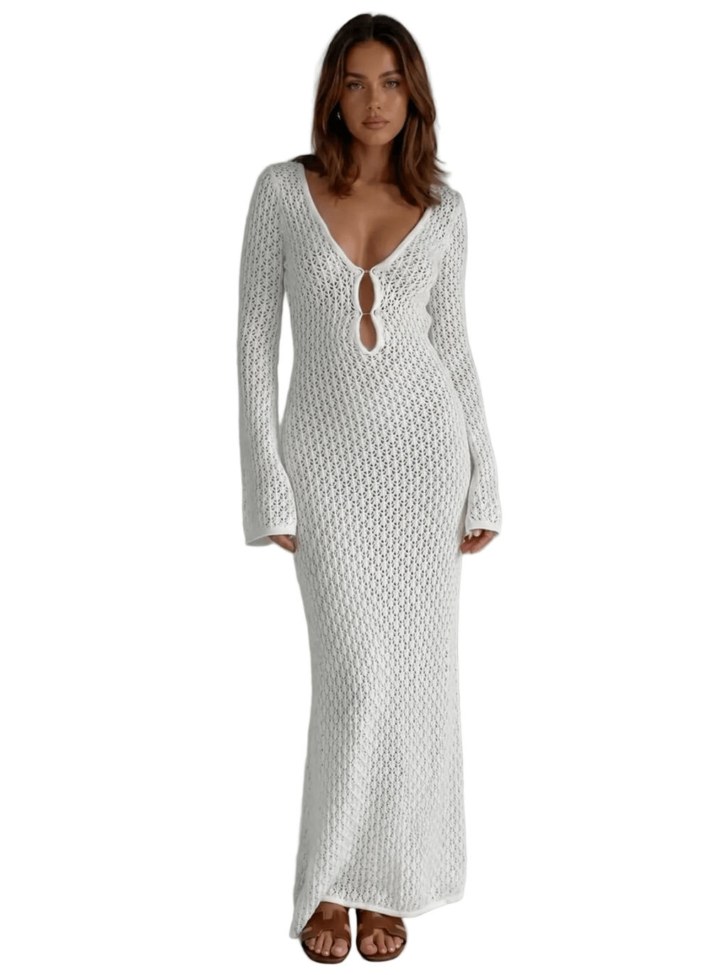 Women Maxi Dress Long Sleeve Keyhole Neckline Design - Evergreen Outfits - Women Maxi Dress