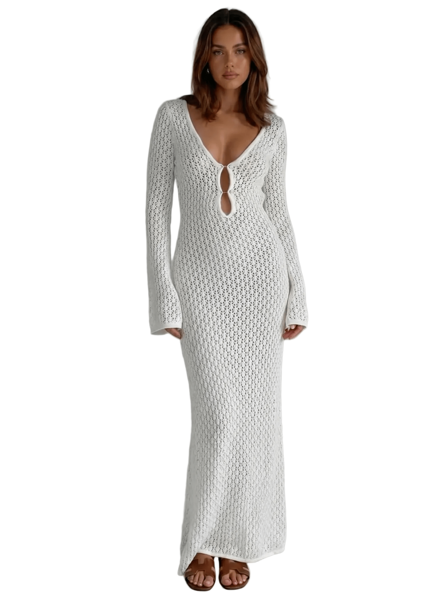 Women Maxi Dress Long Sleeve Keyhole Neckline Design - Evergreen Outfits - Women Maxi Dress