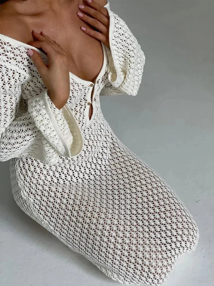 Women Maxi Dress Long Sleeve Keyhole Neckline Design - Evergreen Outfits - Women Maxi Dress