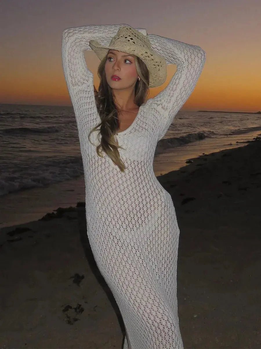 Women Maxi Dress Long Sleeve Keyhole Neckline Design - Evergreen Outfits - Women Maxi Dress
