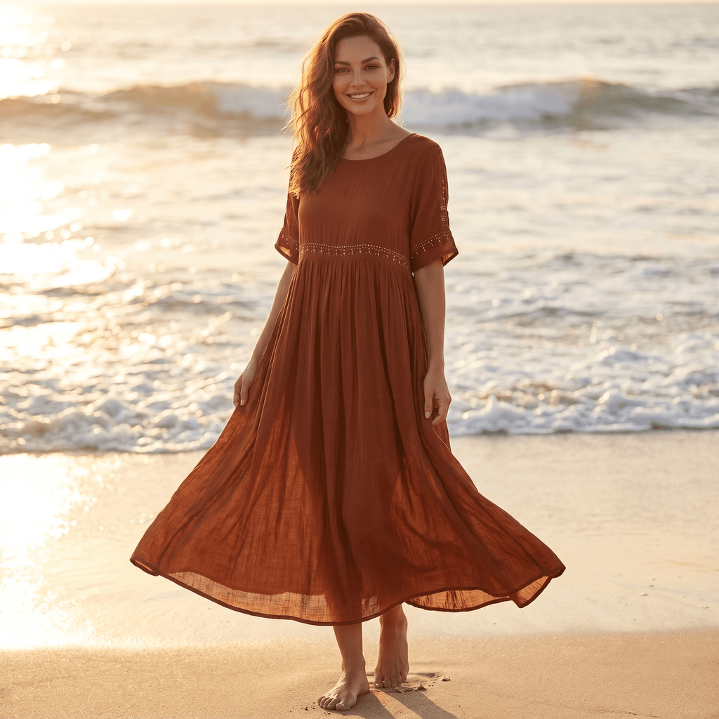 Women Maxi Dress Loose Fit Round Neckline Design - Evergreen Outfits - Women Maxi Dress