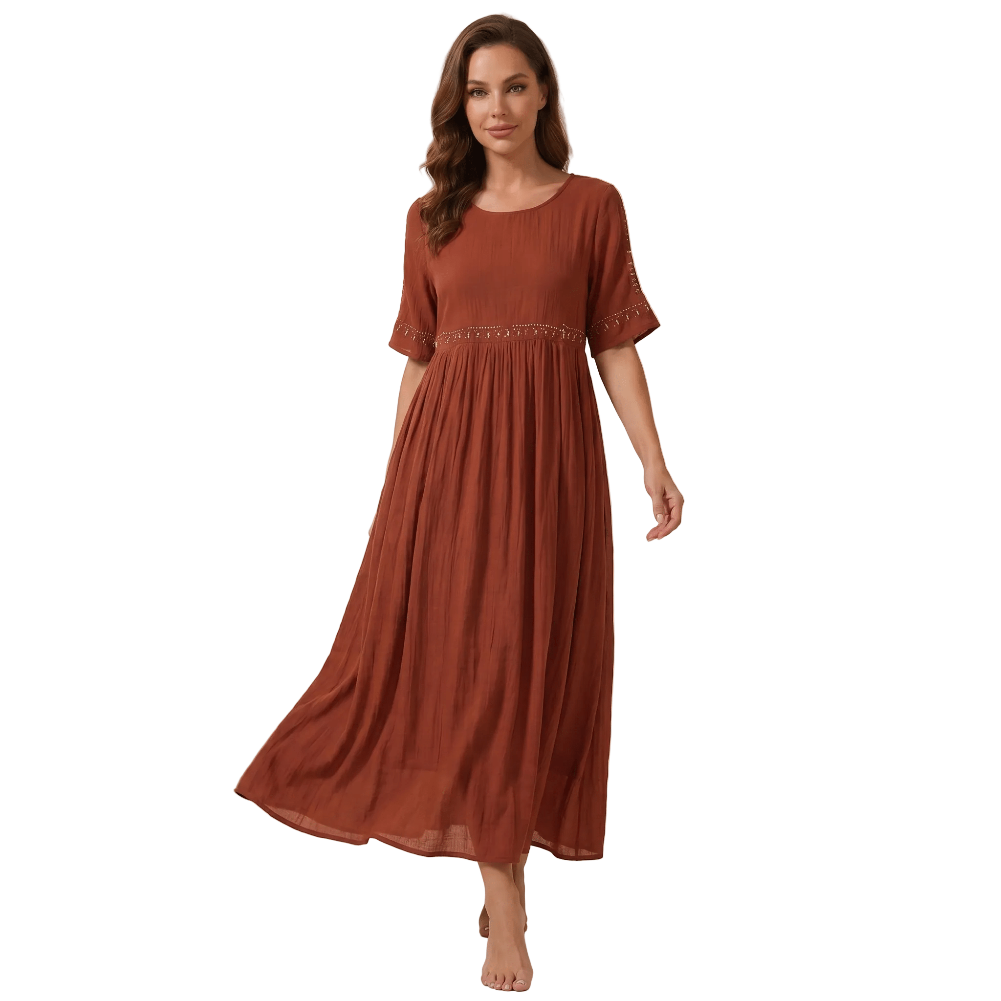 Women Maxi Dress Loose Fit Round Neckline Design - Evergreen Outfits - Women Maxi Dress