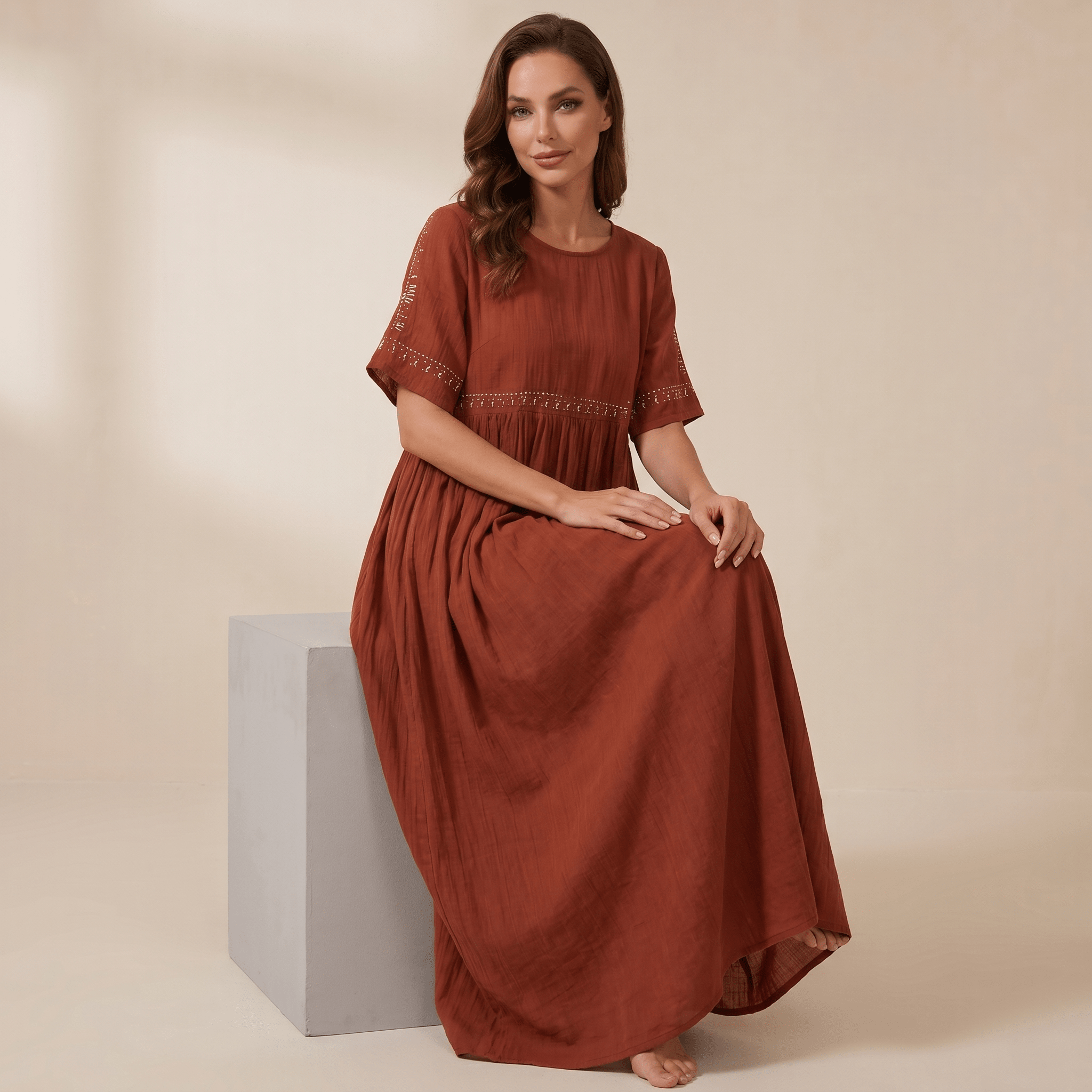 Women Maxi Dress Loose Fit Round Neckline Design - Evergreen Outfits - Women Maxi Dress