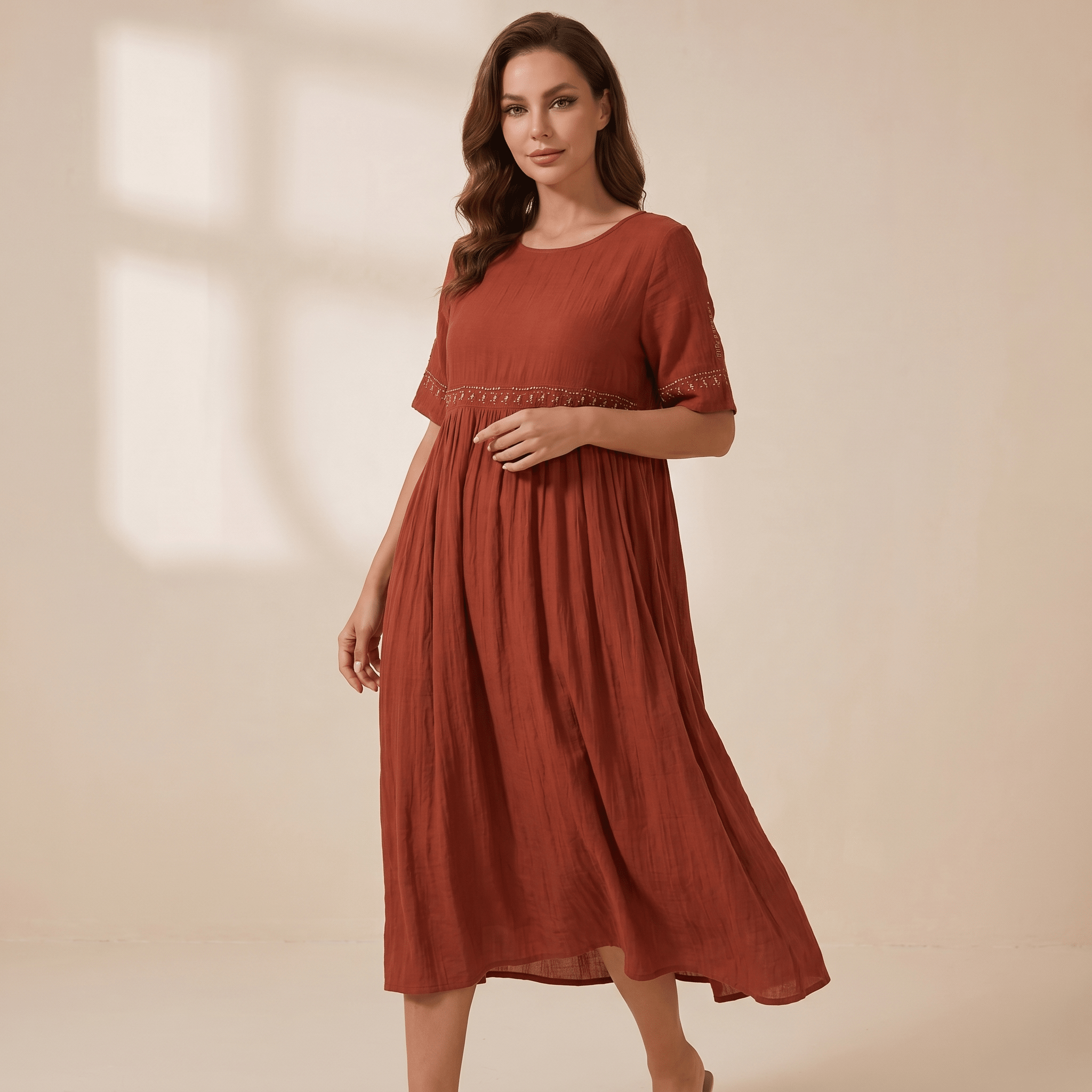 Women Maxi Dress Loose Fit Round Neckline Design - Evergreen Outfits - Women Maxi Dress