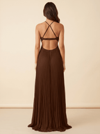Women Maxi Dress Pleated Halter Open Back Sleeveless - Evergreen Outfits - Women Maxi Dress